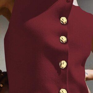 Burgundy Casual Women's Metal Button Open Front Sleeveless Jacket